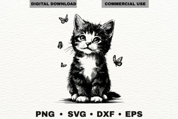 Download Cute Kitten Butterfly Engraving SVG - Engraving svg Collection