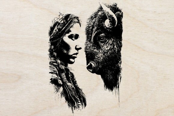 Download Native Woman and Bison Engraving SVG - Engraving svg Collection
